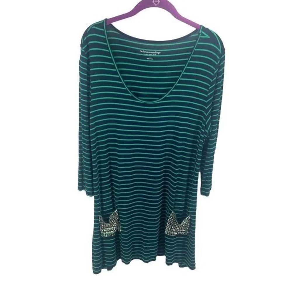Soft Sorroundings Women's Striped tunic 3/4 Sleeve 2 Pockets Green navy blue Lar